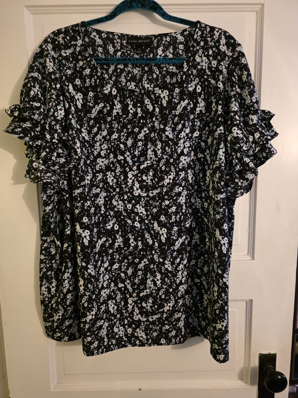 Lane Bryant Black and White Floral Ruffle Sleeve Blouse